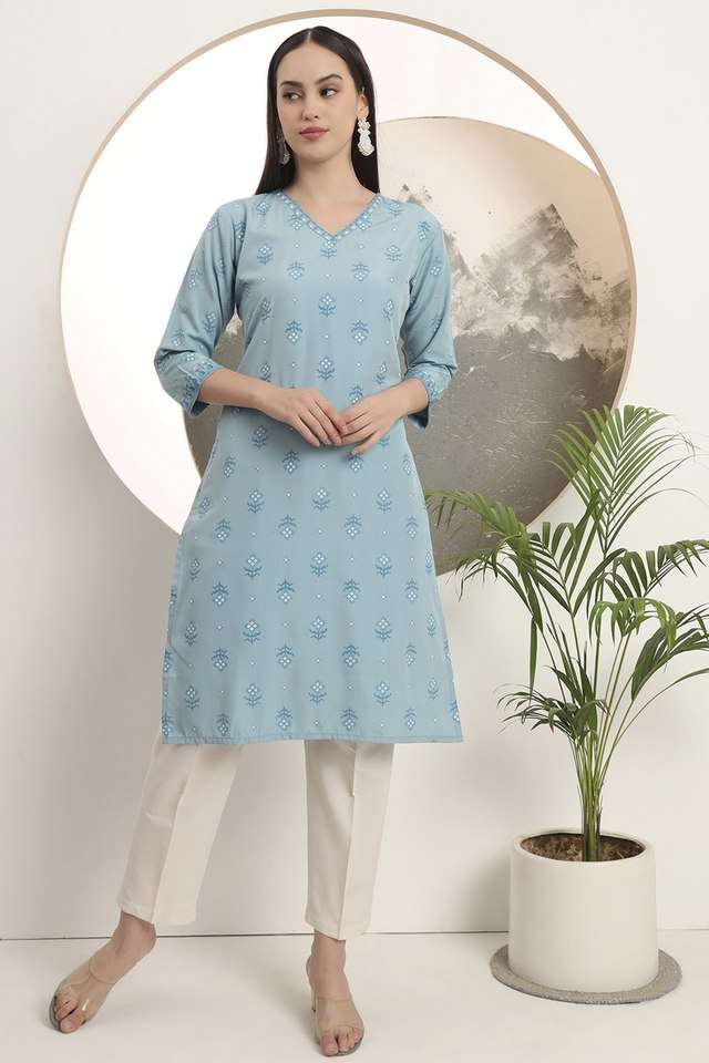 Printed-Cotton-V-Neck-Women-s-Casual-Wear-Kurta