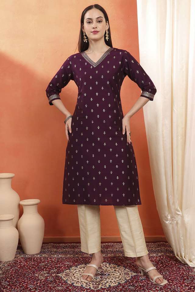 Printed-Silk-V-Neck-Women-s-Casual-Wear-Kurta