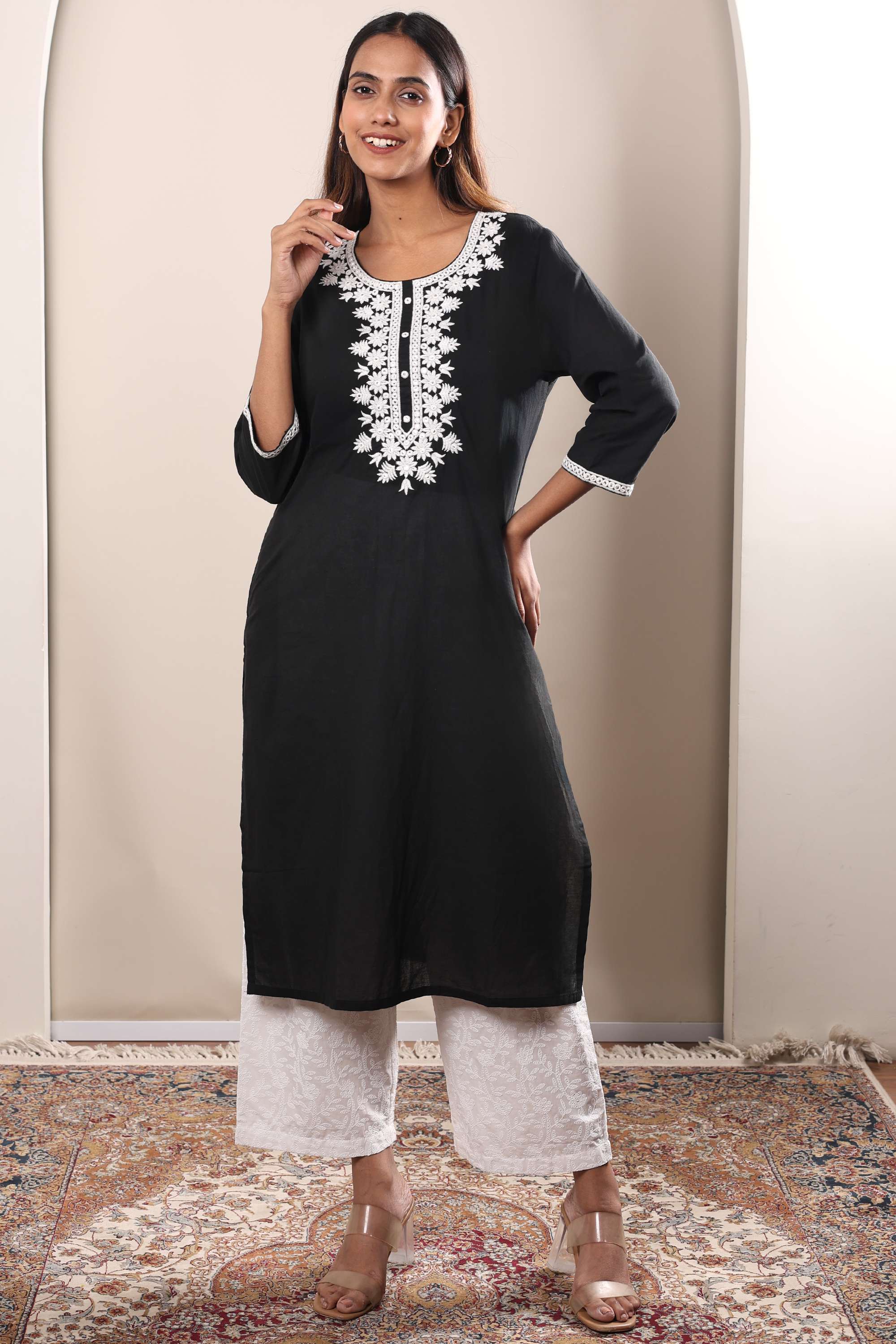 Embroidered-Chambray-Round-Neck-Women-s-Casual-Wear-Kurta