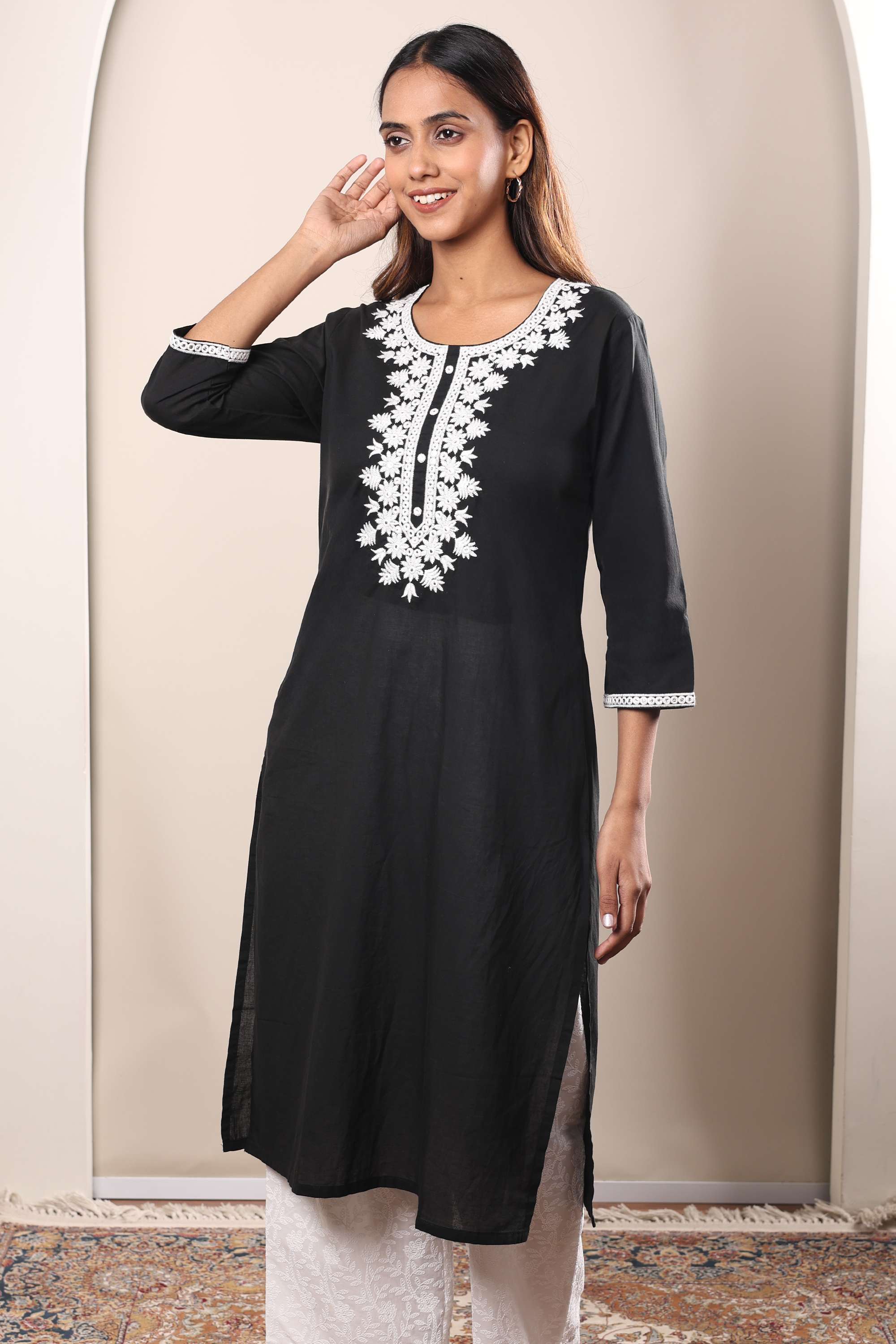 Embroidered-Chambray-Round-Neck-Women-Kurta