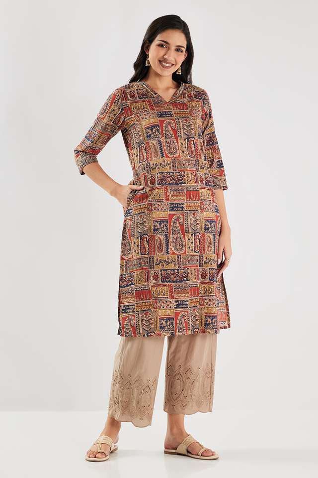 Printed-Cotton-V-Neck-Women-s-Casual-Wear-Kurta