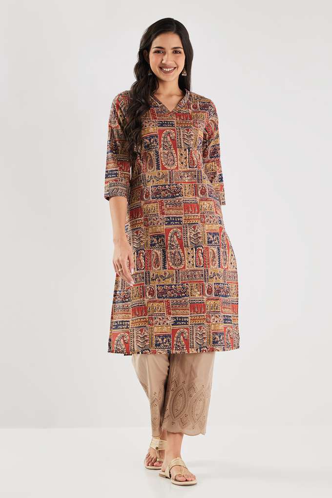 Printed-Cotton-V-Neck-Women-s-Casual-Wear-Kurta