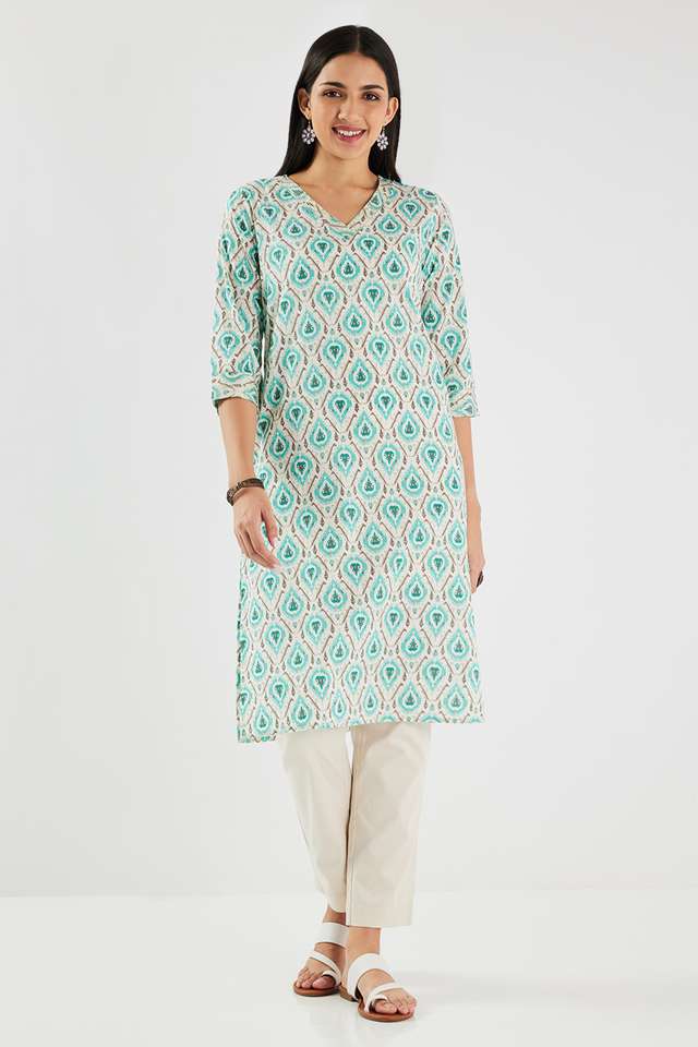 Printed-Cotton-V-Neck-Women-s-Casual-Wear-Kurta