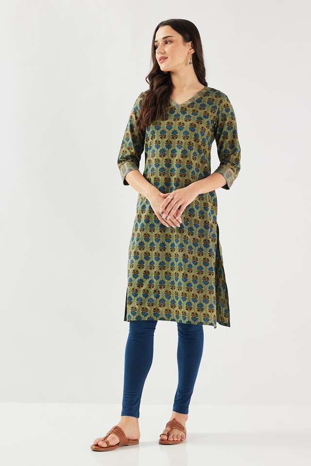 Printed-Cotton-V-Neck-Women-s-Casual-Wear-Kurta