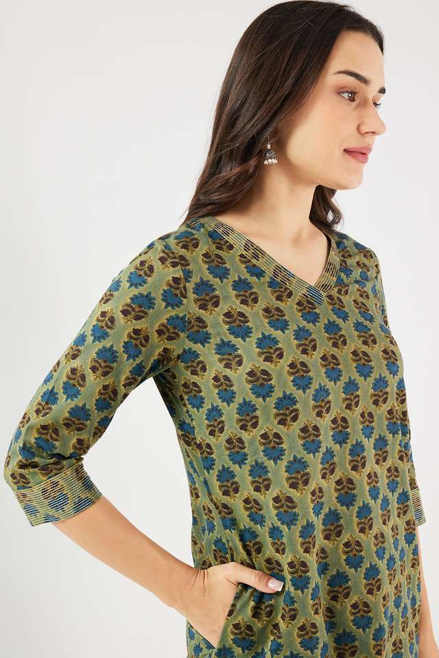 Printed-Cotton-V-Neck-Women-s-Casual-Wear-Kurta