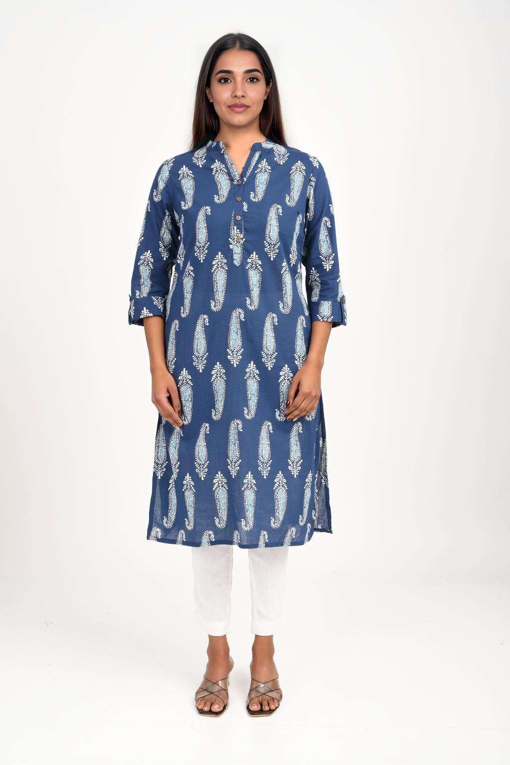 Printed-Blended-Fabric-Collared-Women-Kurta