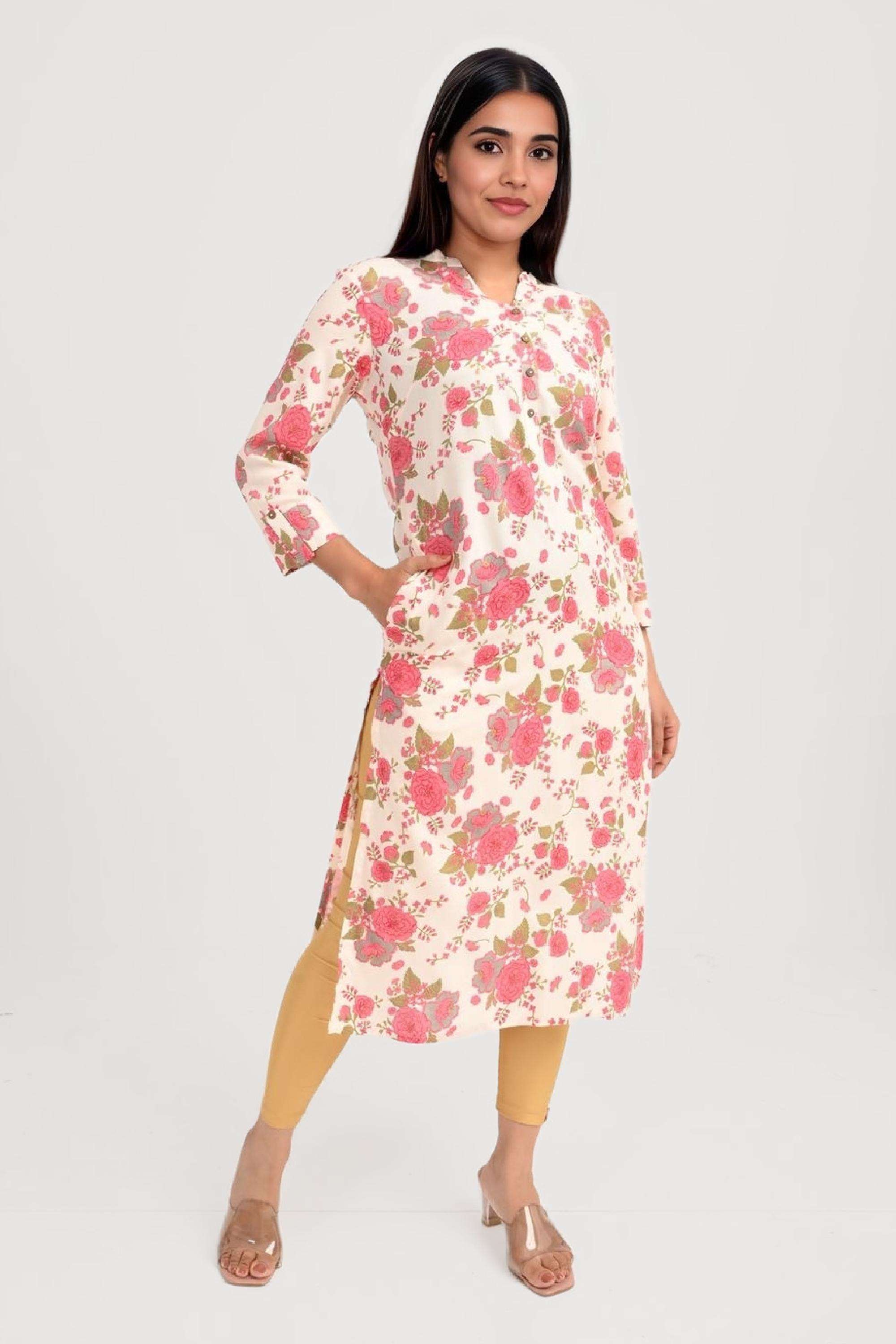 Printed-Blended-Fabric-Round-Neck-Women-Casual-Wear-Kurta
