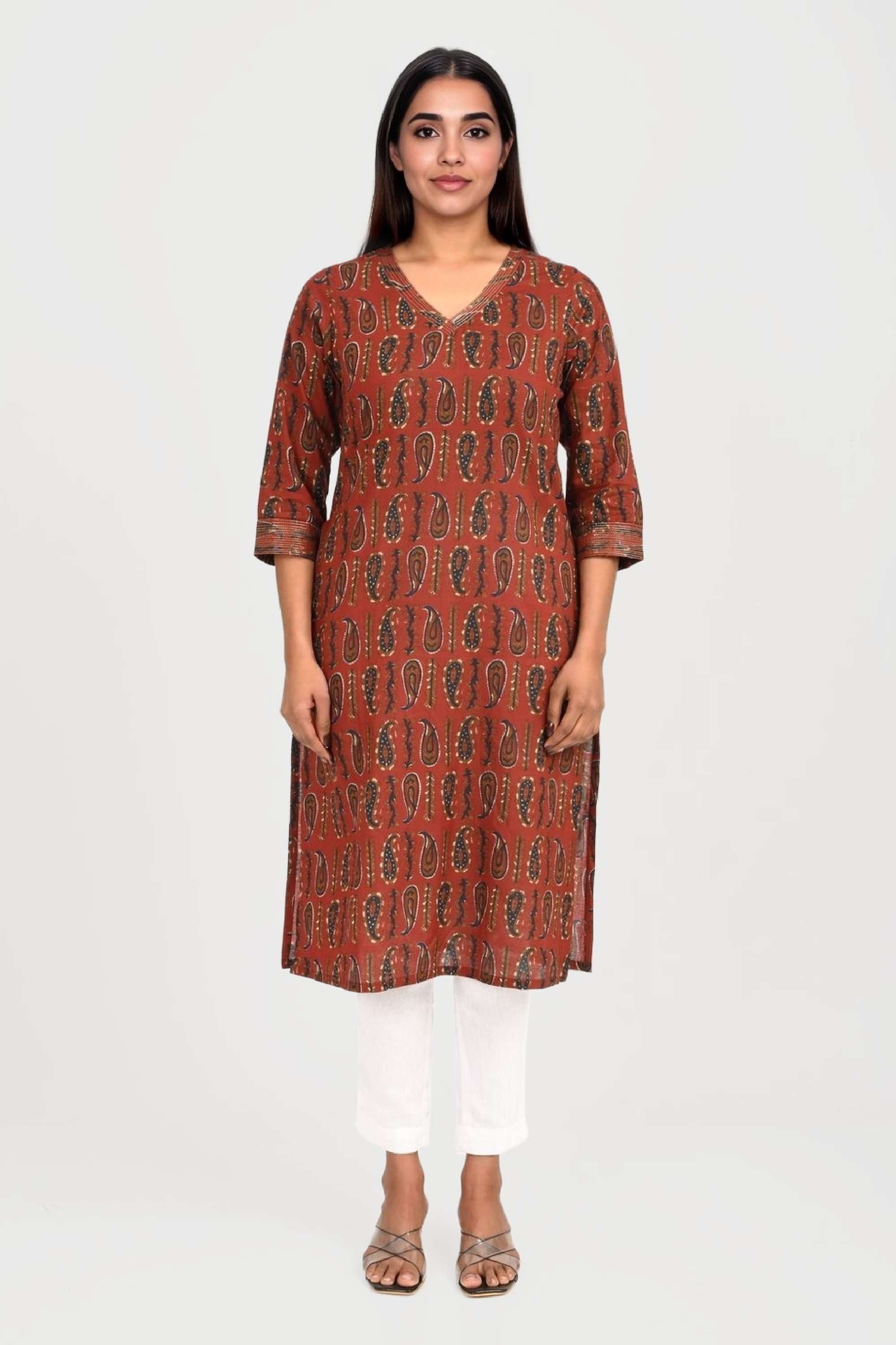 Printed-Blended-Fabric-V-Neck-Women-s-Festive-Wear-Kurta