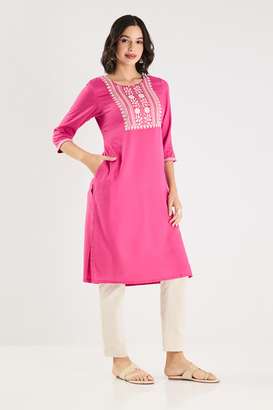Embroidered-Rayon-Round-Neck-Women-s-Festive-Wear-Kurta
