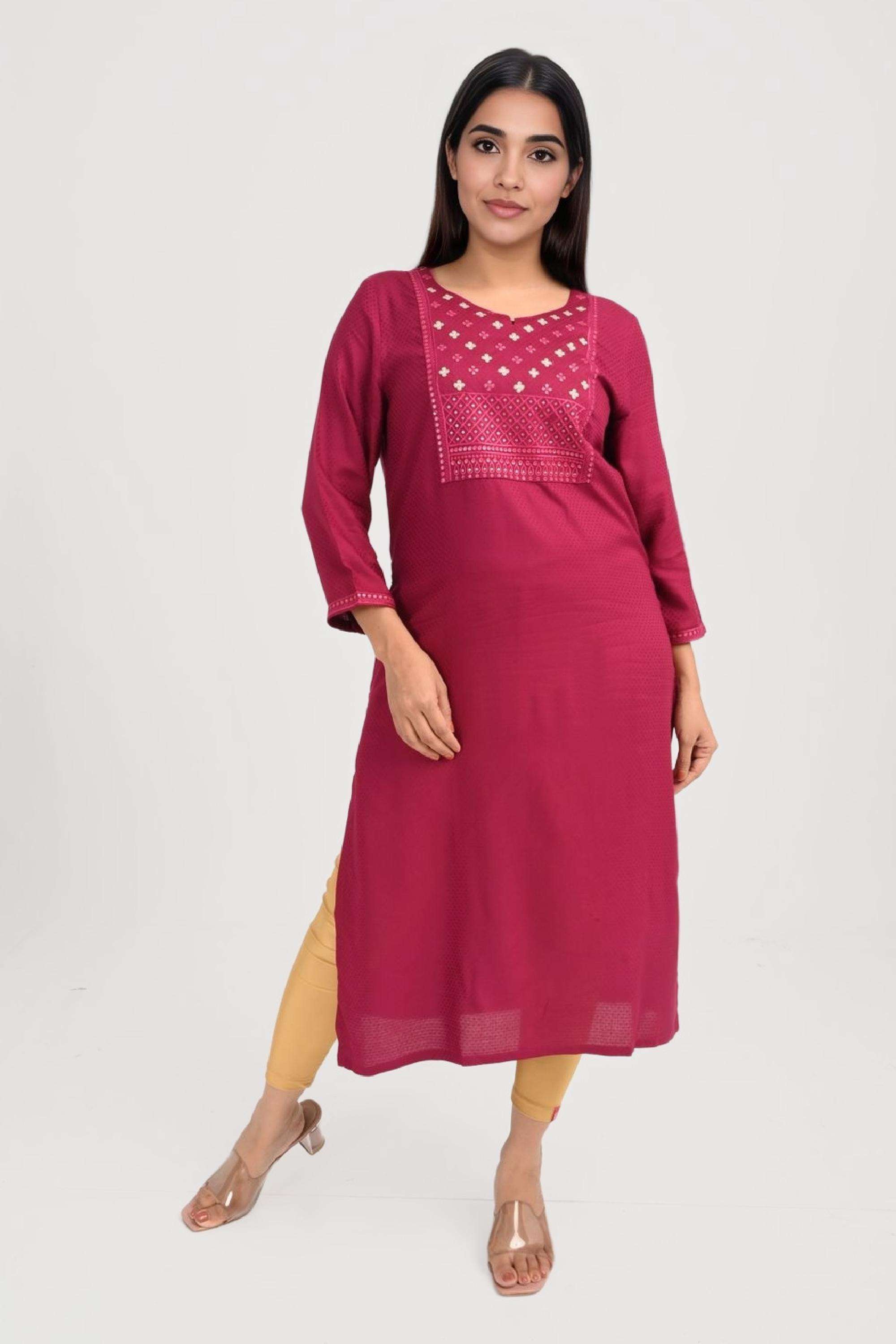 Solid-Rayon-Round-Neck-Women-s-Kurta