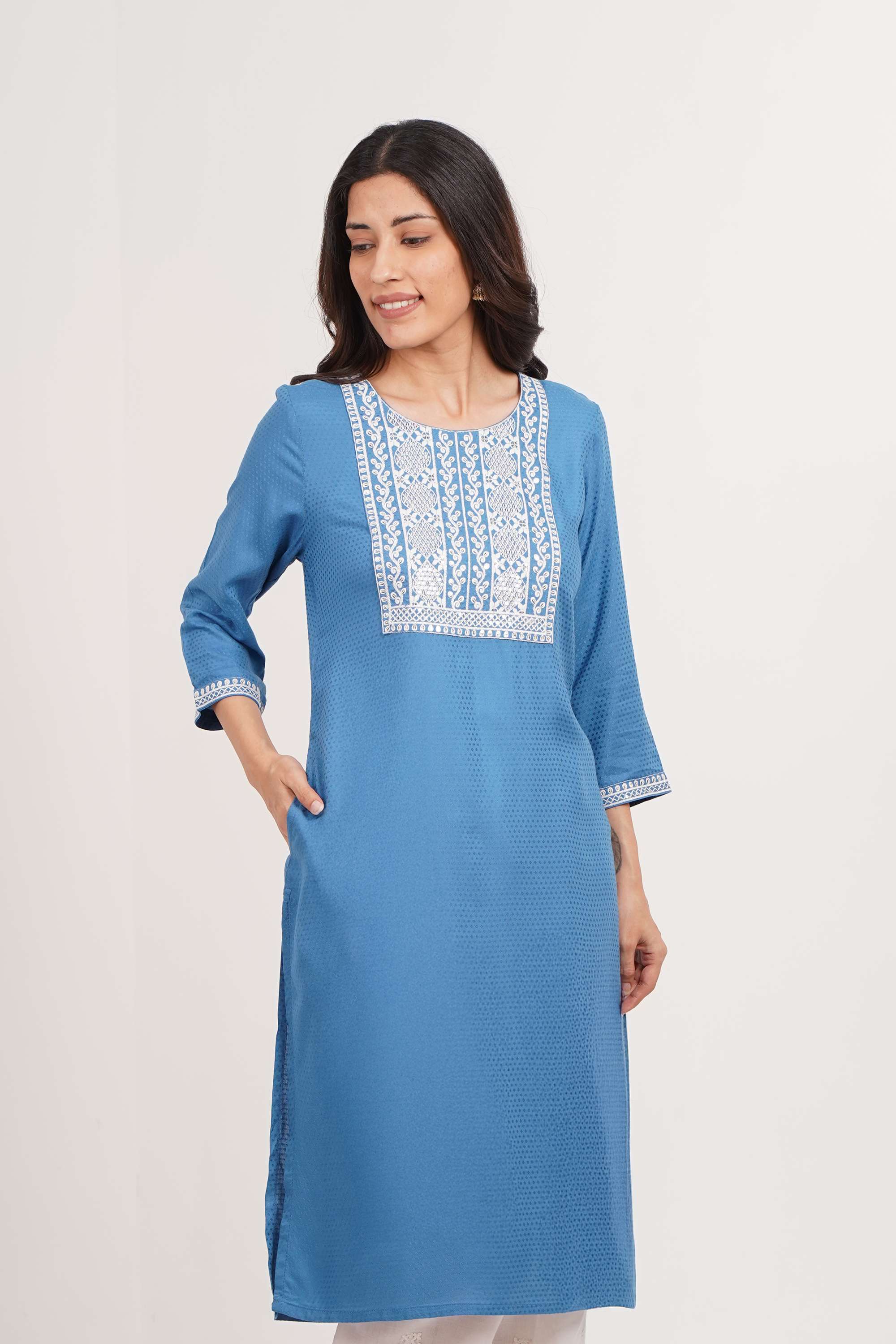 Embroidered-Blended-Fabric-Round-Neck-Women-Kurta