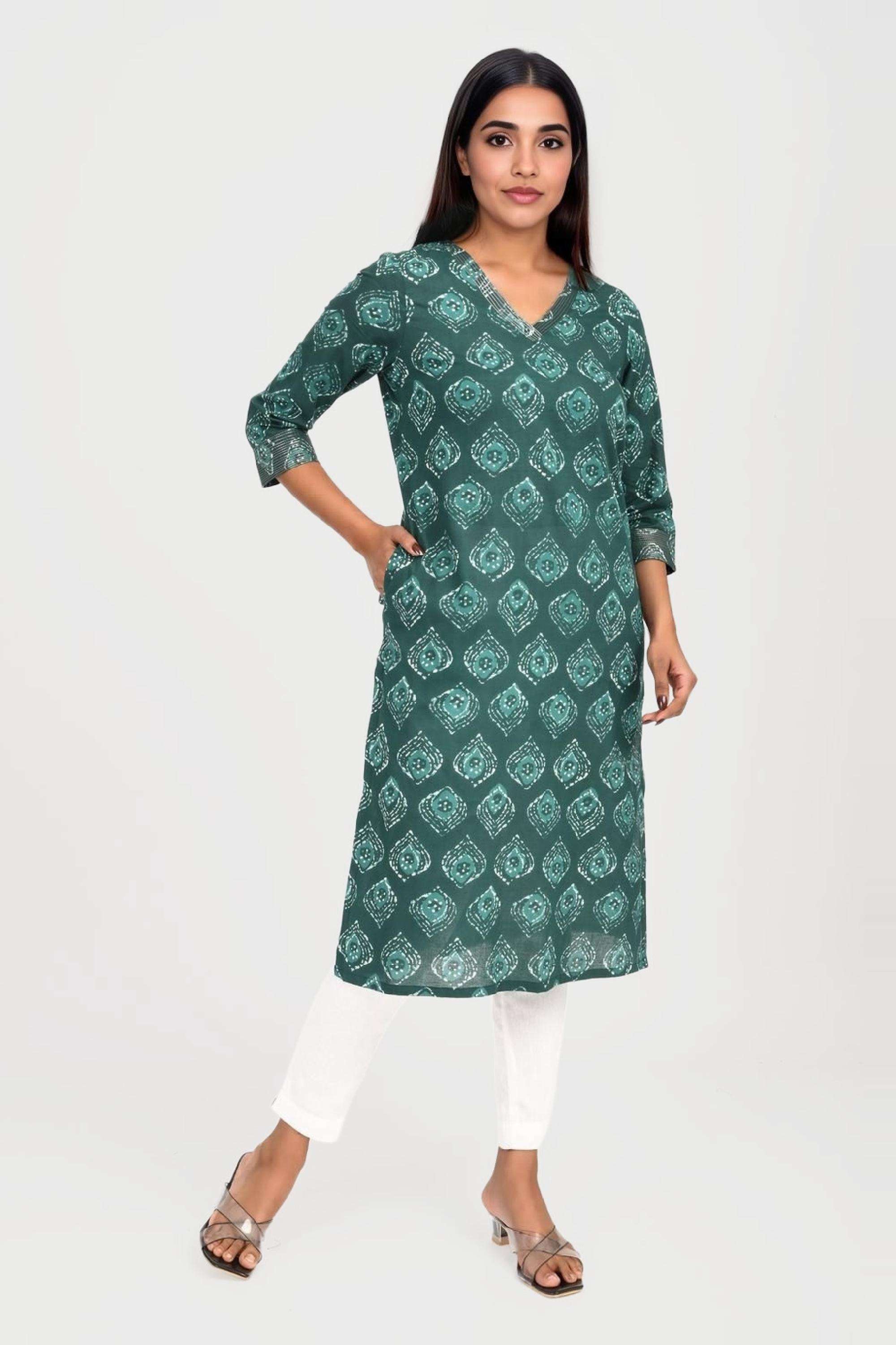 Printed-Blended-Fabric-V-Neck-Women-s-Festive-Wear-Kurta