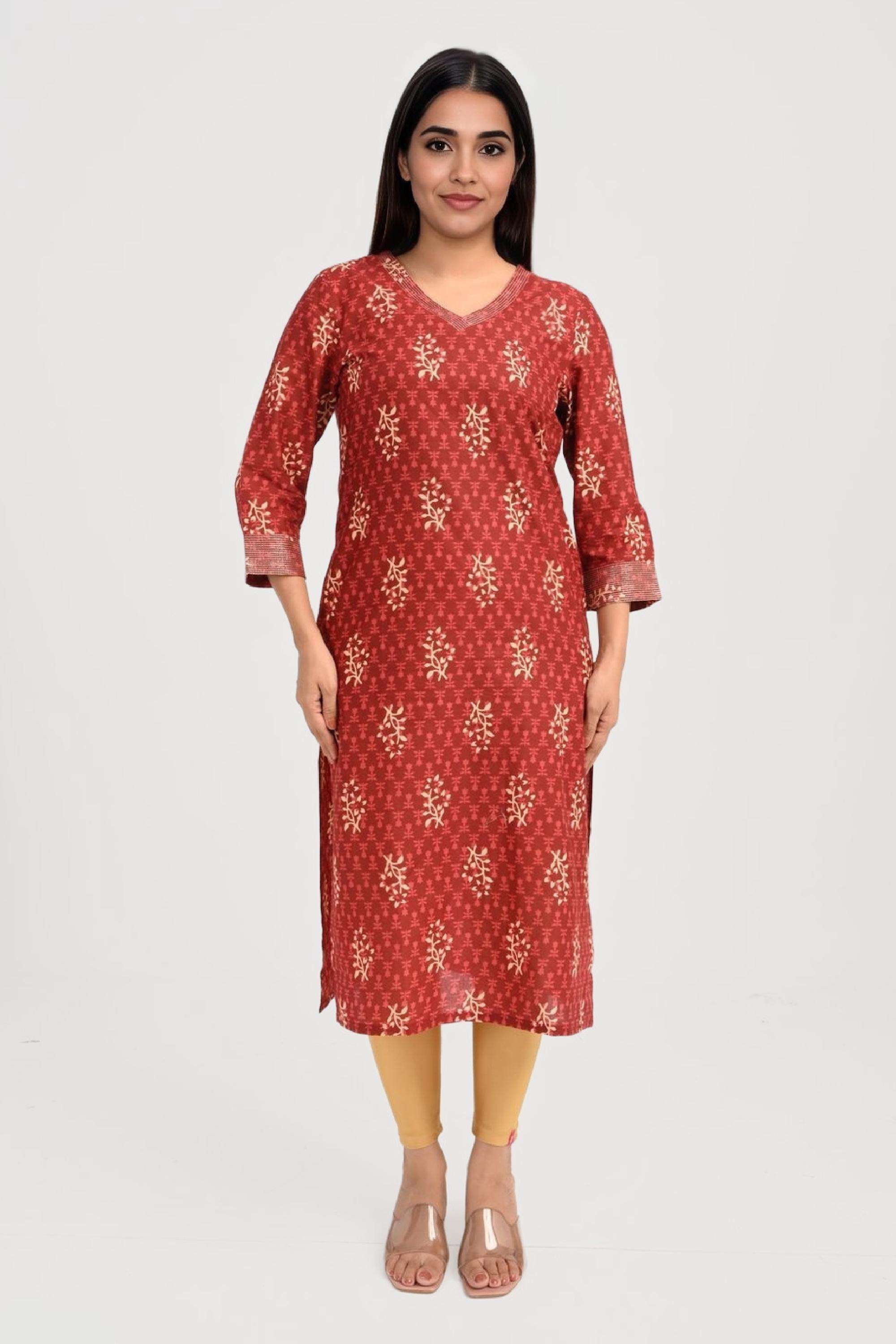 Printed-Cotton-V-Neck-Women-s-Kurta