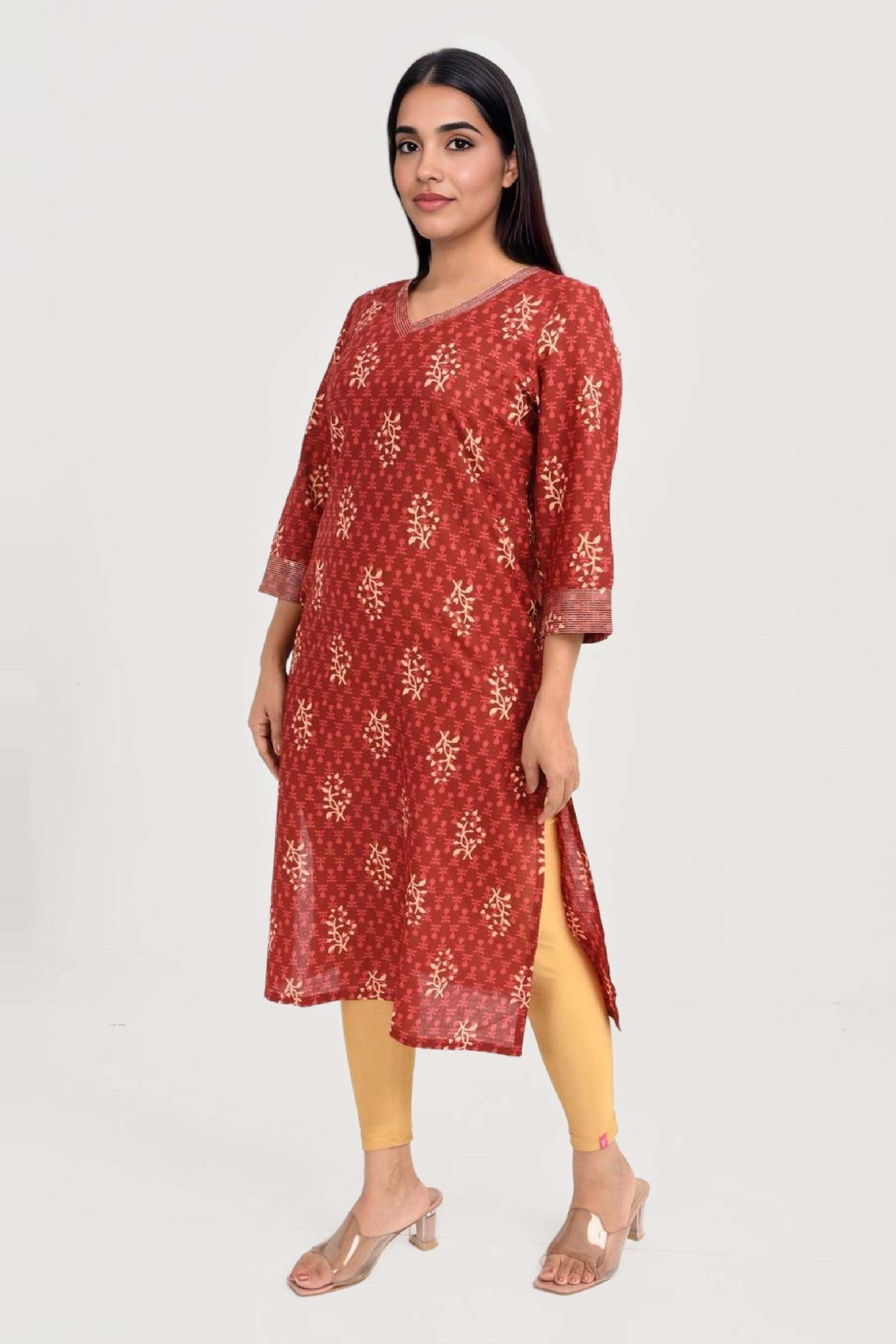 Printed-Cotton-V-Neck-Women-Festive-Wear-Kurta