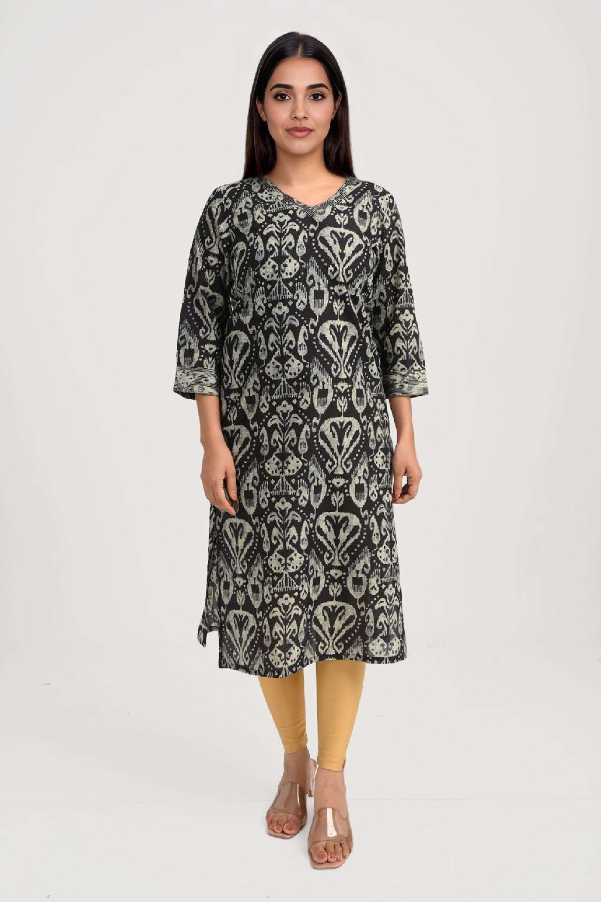 Printed-Blended-Fabric-V-Neck-Women-s-Casual-Wear-Kurta