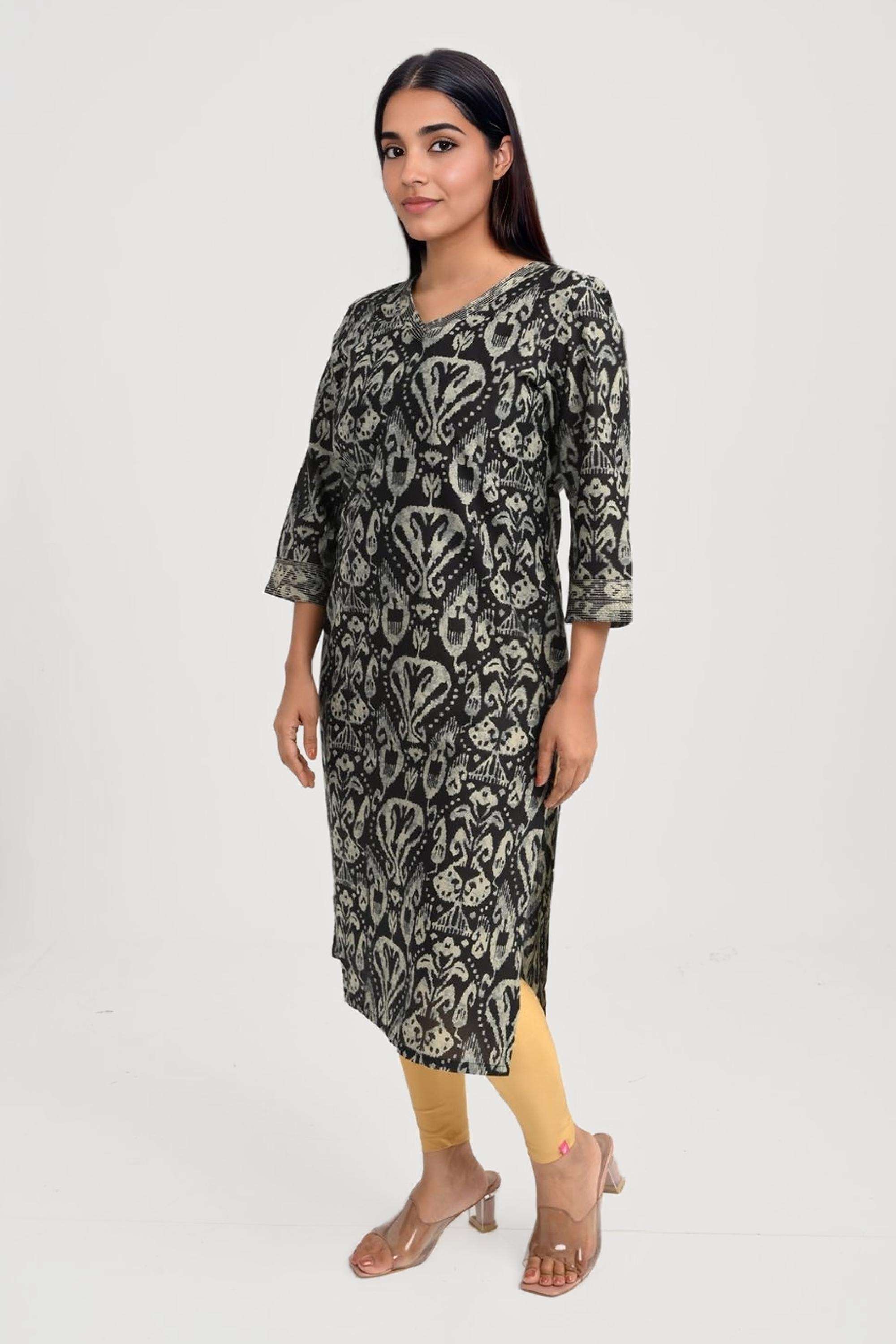 Printed-Blended-Fabric-V-Neck-Women-Casual-Wear-Kurta
