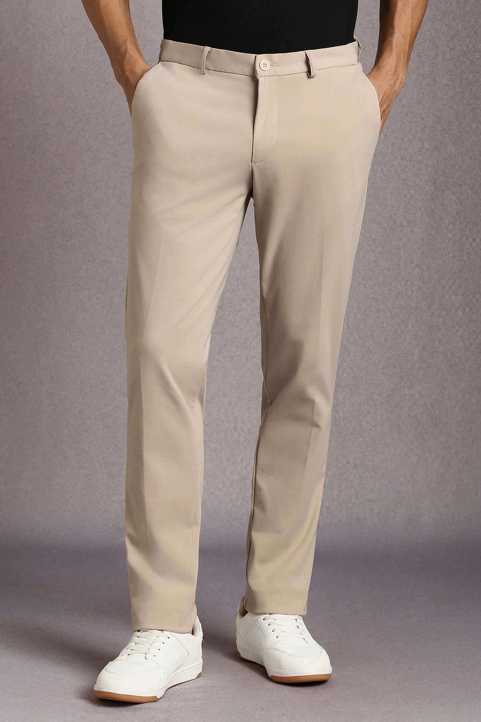 Solid-Cotton-Nylon-Tapered-Fit-Men-s-Casual-Wear-Trousers