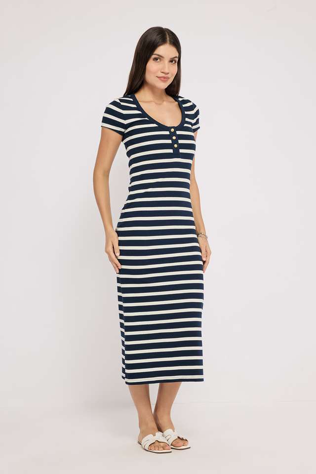 Stripes-U-Neck-Cotton-Blend-Women-s-Calf-Length-Dress