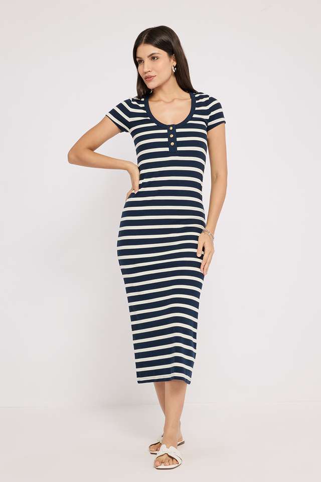 Stripes-U-Neck-Cotton-Blend-Women-s-Calf-Length-Dress