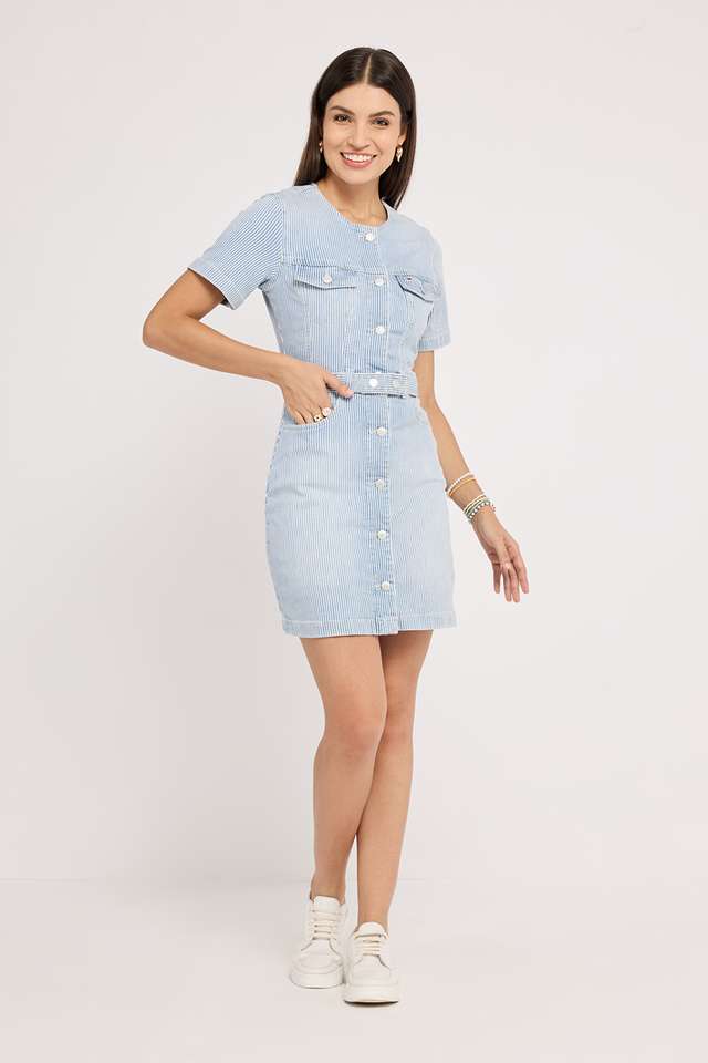 Stripes-Round-Neck-Cotton-Blend-Women-s-Mid-Thigh-Dress