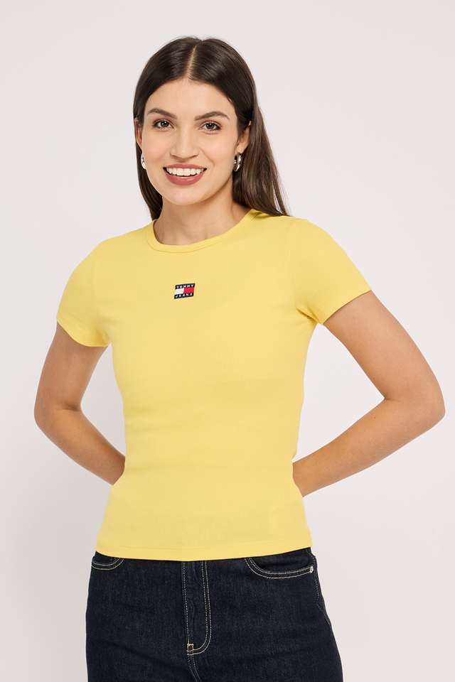 Solid-Cotton-Blend-Round-Neck-Women-s-T-Shirt