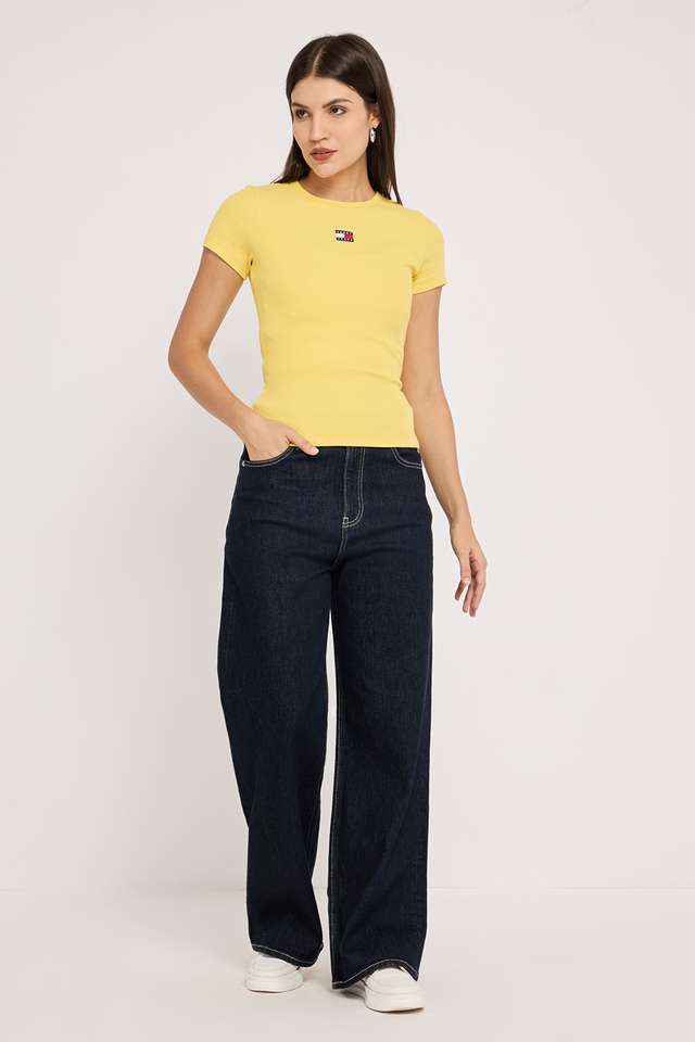 Solid-Cotton-Blend-Round-Neck-Women-s-T-Shirt