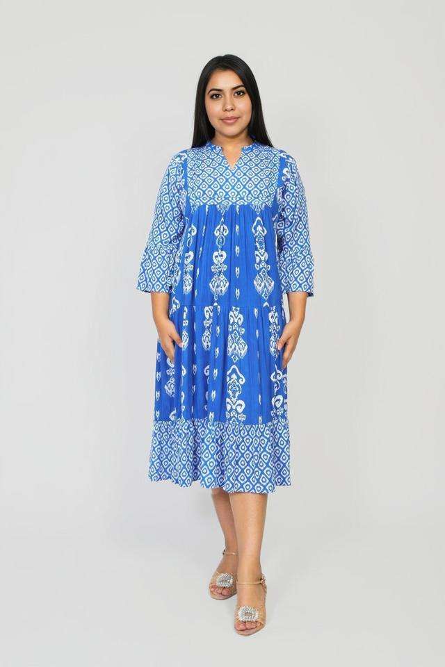 Plus-Size-Printed-Y-Neck-Viscose-Women-s-Calf-Length-Dress