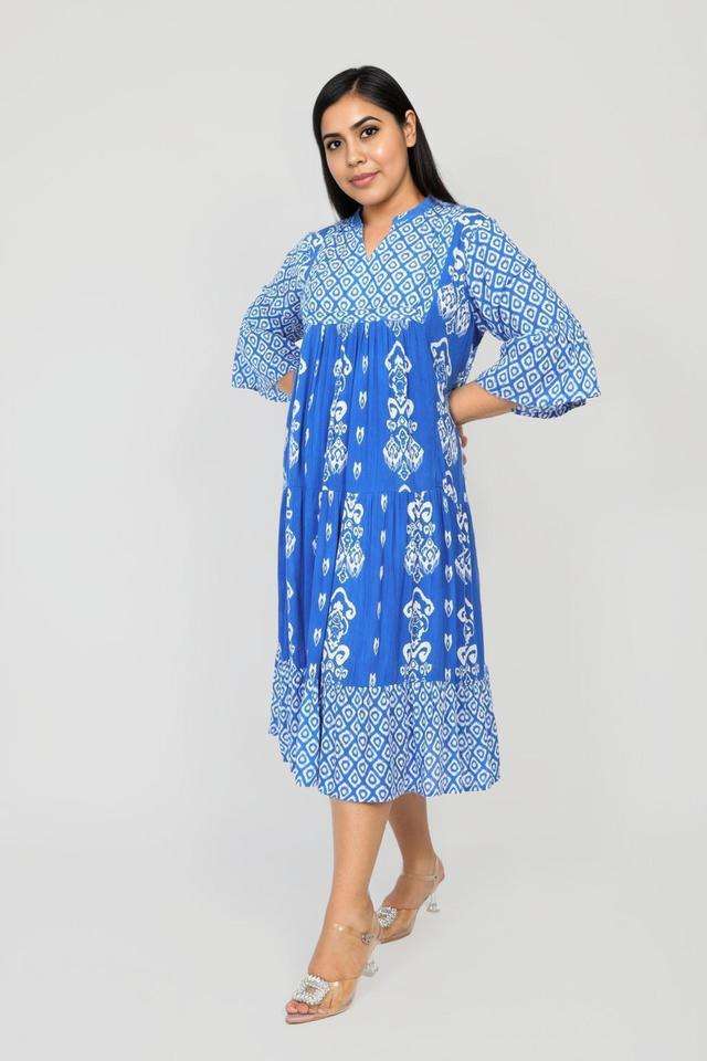 Plus-Size-Printed-Y-Neck-Viscose-Women-s-Calf-Length-Dress