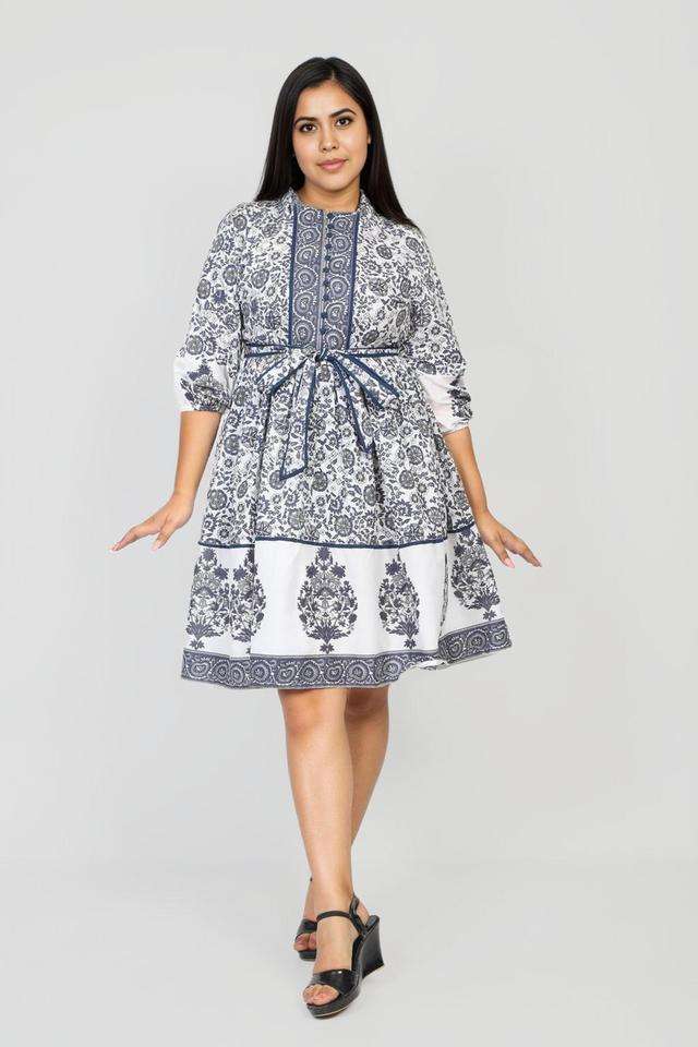 Printed-Blended-Fabric-Collared-Women-s-Midi-Dress