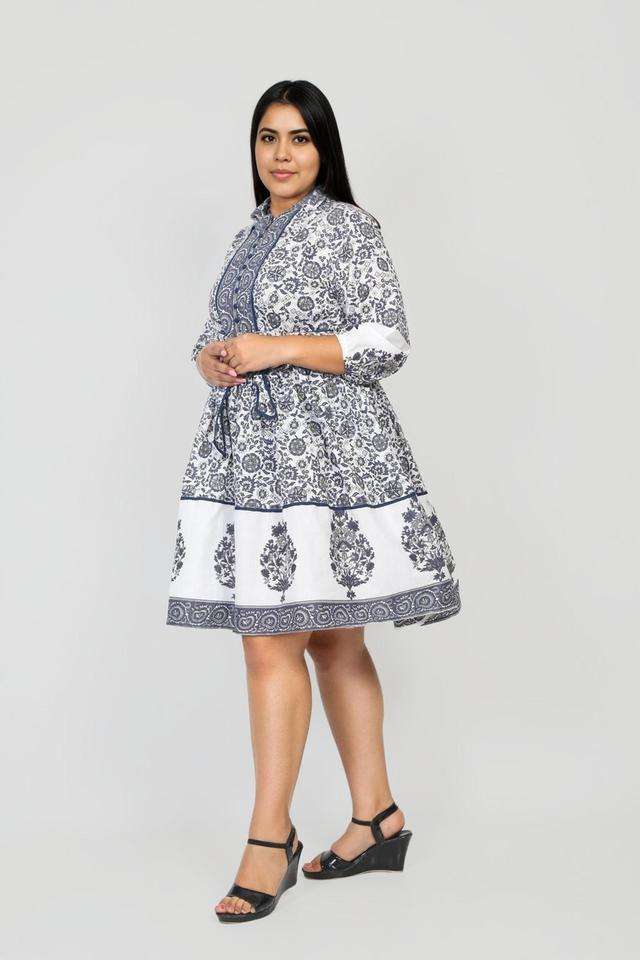 Printed-Blended-Fabric-Collared-Women-s-Midi-Dress