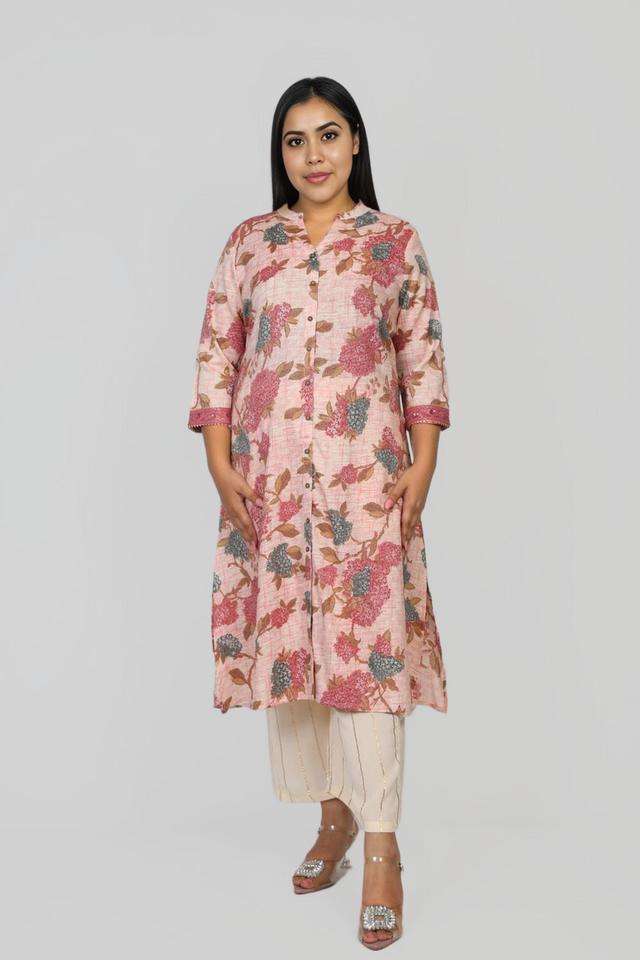 Plus-Size-Printed-Blended-Fabric-Collared-Women-s-Casual-Wear-Kurta