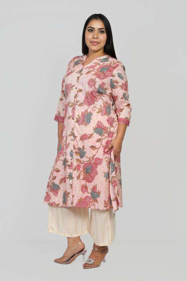 Plus-Size-Printed-Blended-Fabric-Collared-Women-s-Casual-Wear-Kurta