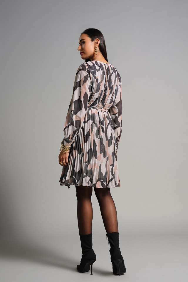 Abstract-Round-Neck-Polyester-Women-s-Knee-Length-Dress