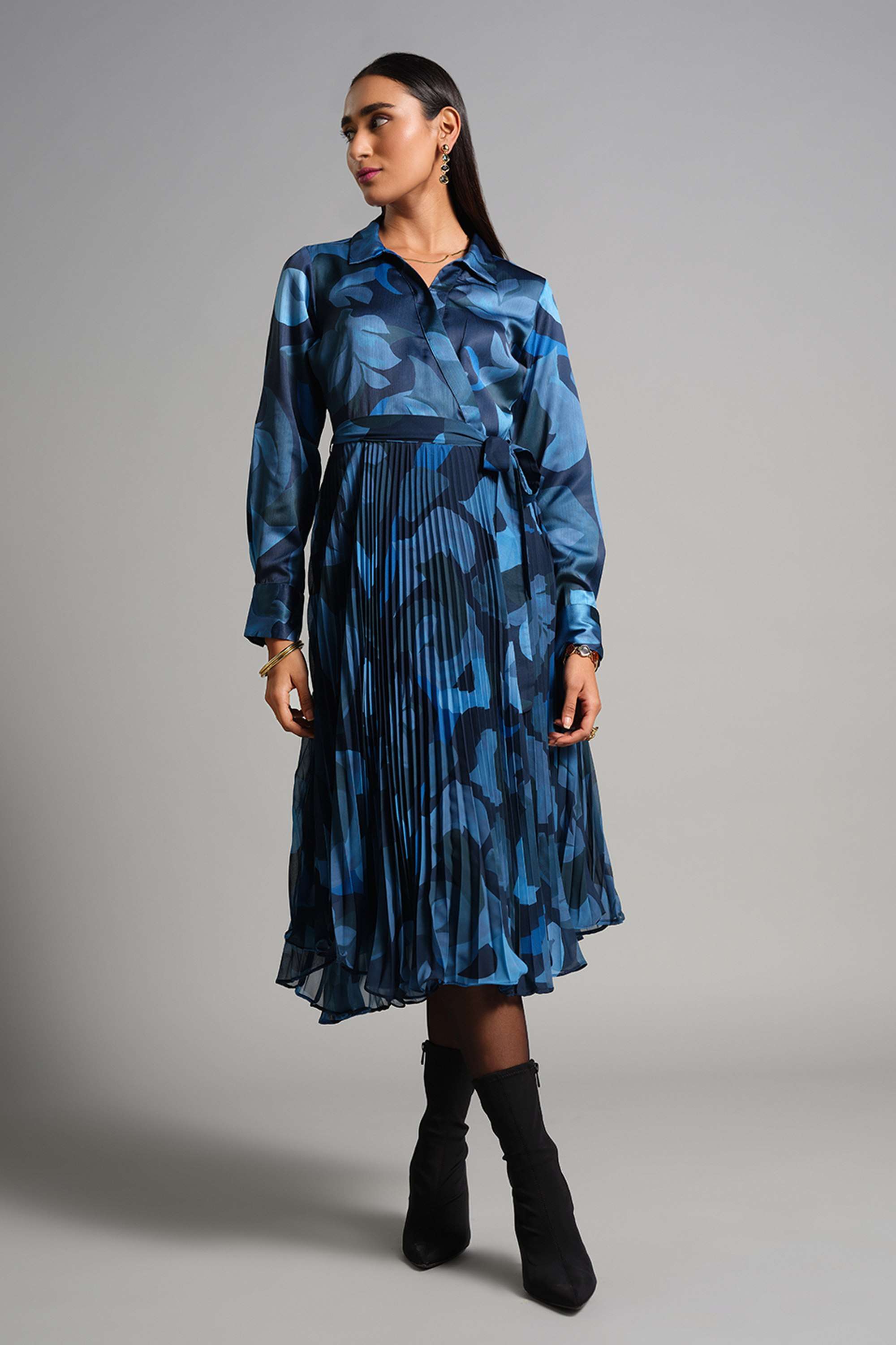 Abstract-Round-Neck-Polyester-Women-s-Calf-Length-Dress
