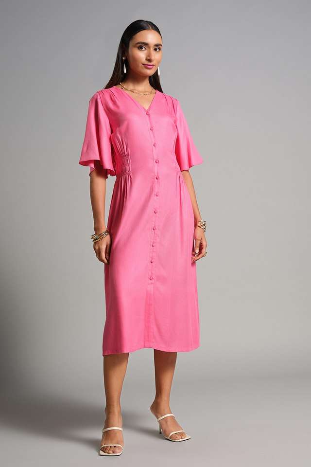 Solid-V-Neck-Viscose-Women-s-Calf-Length-Dress