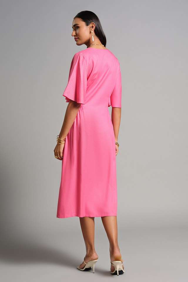 Solid-V-Neck-Viscose-Women-s-Calf-Length-Dress