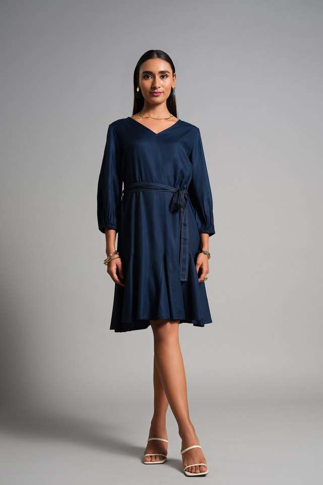 Solid-V-Neck-Viscose-Women-s-Crop-Dress