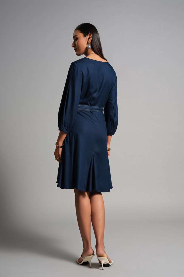 Solid-V-Neck-Viscose-Women-s-Crop-Dress