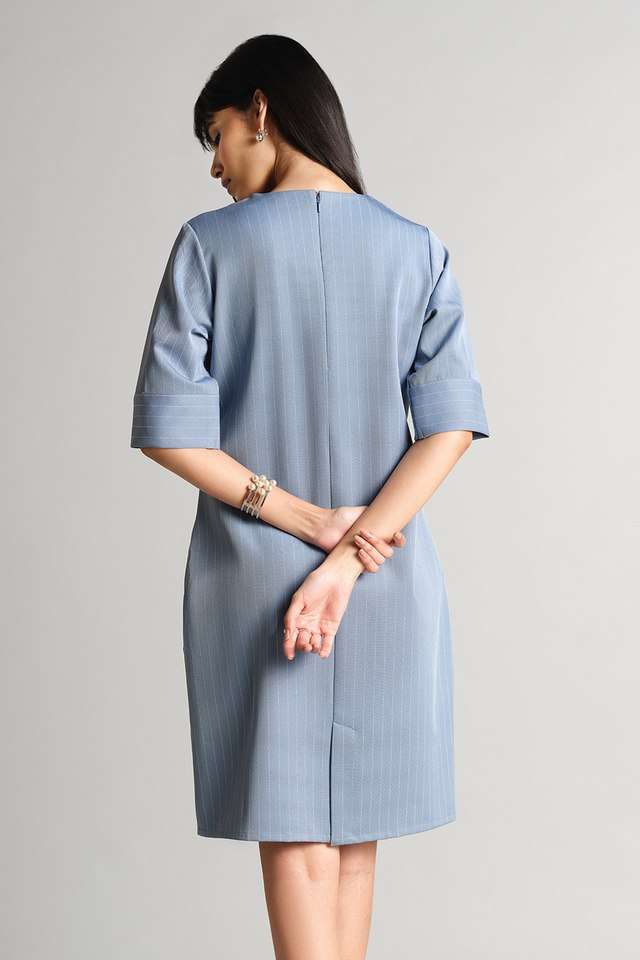 Solid-V-Neck-Polyester-Women-s-Knee-Length-Dress