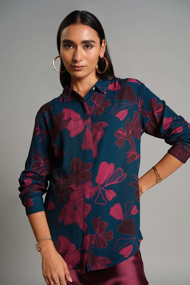 Floral-Viscose-Collared-Women-s-Top