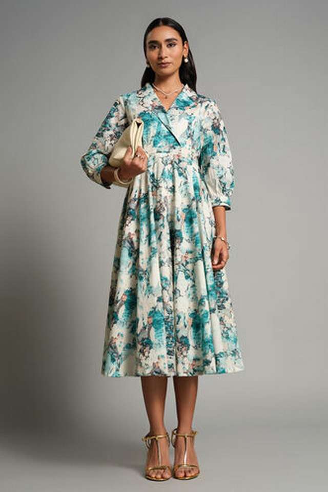 Abstract-Collared-Cotton-Women-s-Calf-Length-Dress