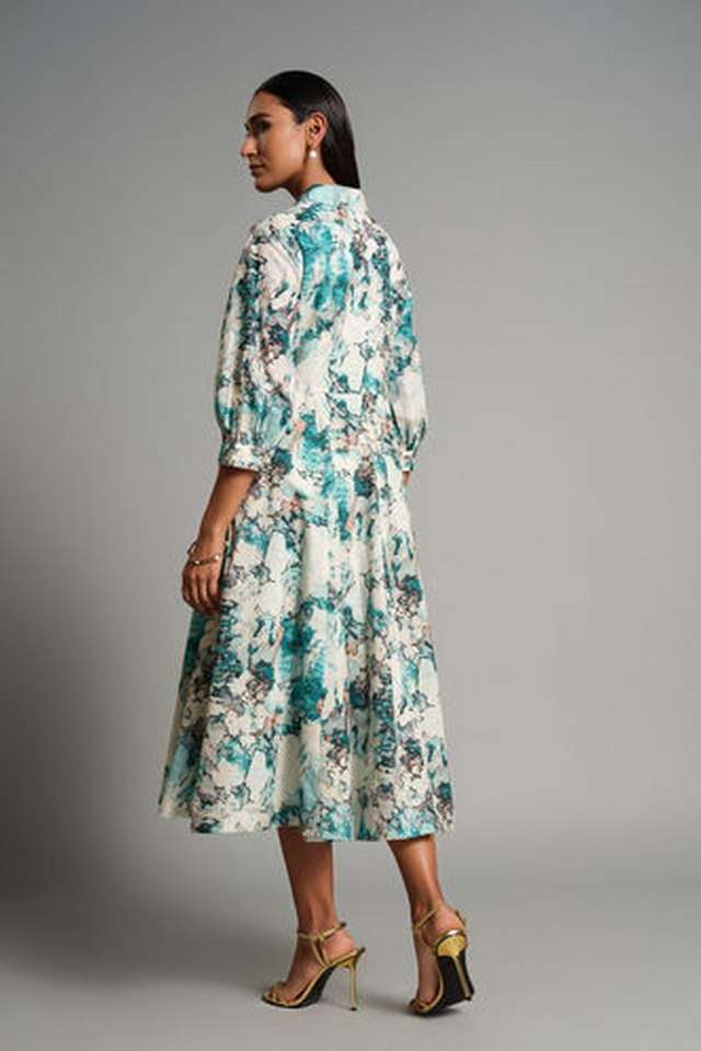 Abstract-Collared-Cotton-Women-s-Calf-Length-Dress