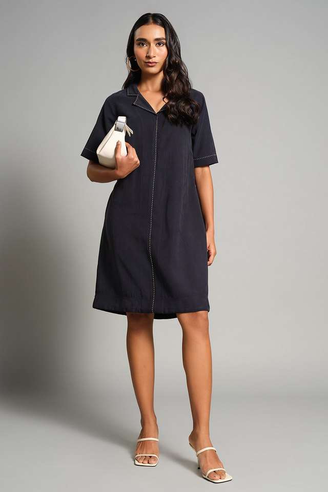 Solid-V-Neck-Rayon-Women-s-Knee-Length-Dress