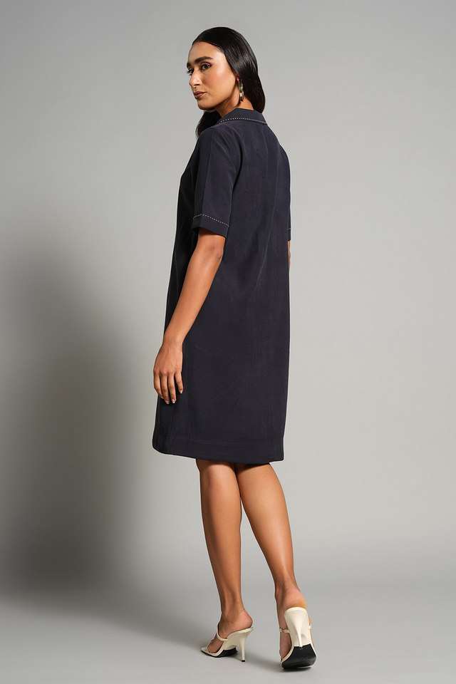 Solid-V-Neck-Rayon-Women-s-Knee-Length-Dress
