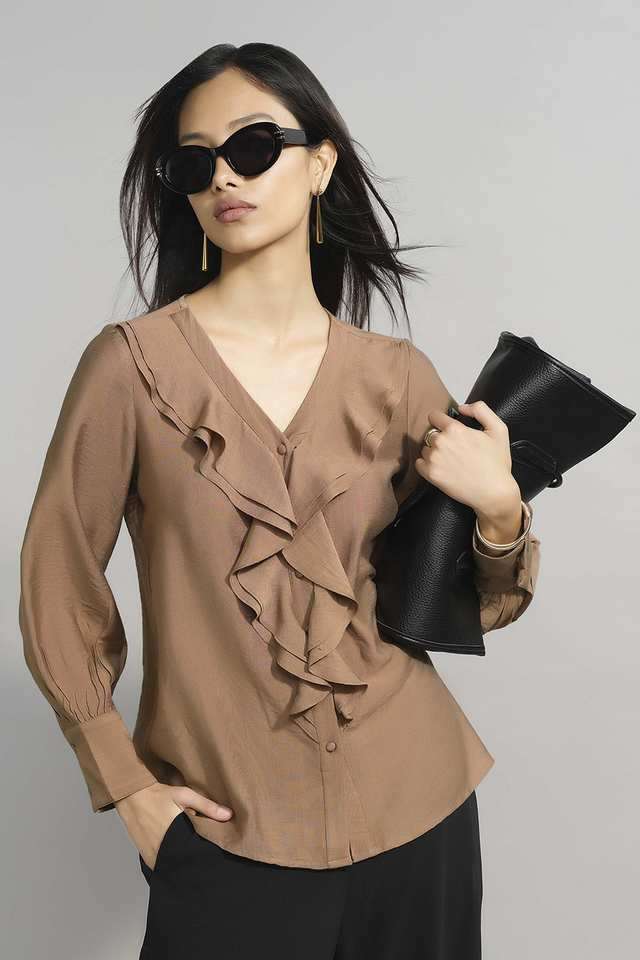 Solid-Viscose-V-Neck-Women-s-Top