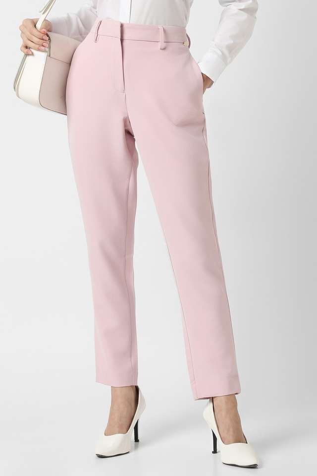 Solid-Straight-Fit-Blended-Fabric-Women-s-Formal-Wear-Trousers