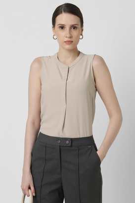 Solid-Polyester-Collared-Women-Top
