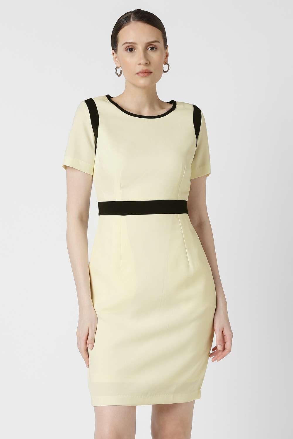 Color-Block-Round-Neck-Blended-Fabric-Women-s-Dress