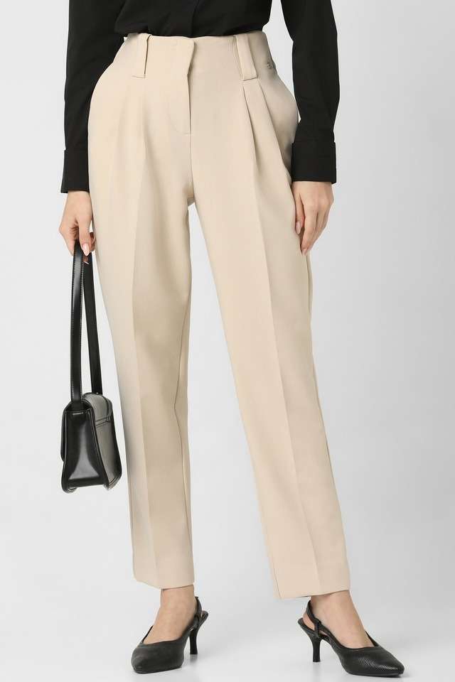 Solid-Straight-Fit-Blended-Fabric-Women-s-Formal-Wear-Trousers
