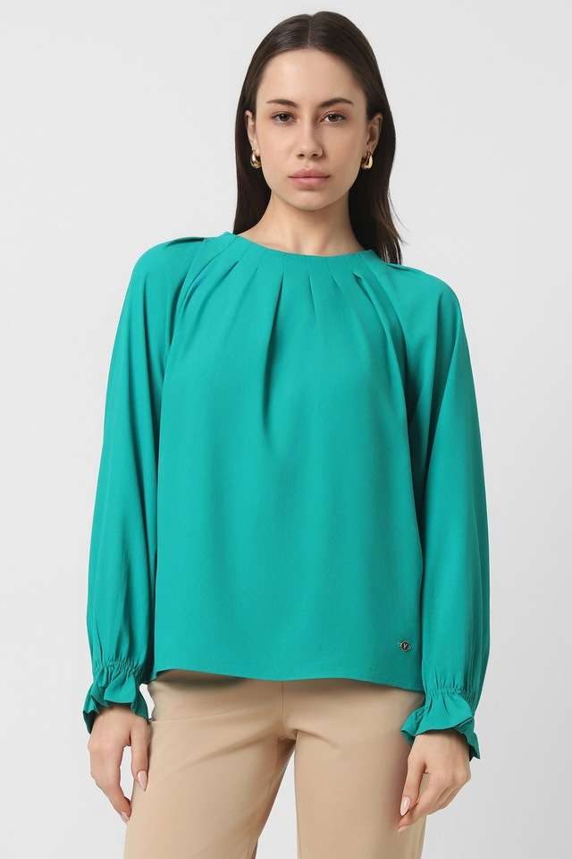 Solid-Blended-Fabric-Round-Neck-Women-s-Top